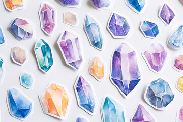 Collection of pastel-colored crystals and gemstones arranged randomly on a white background
