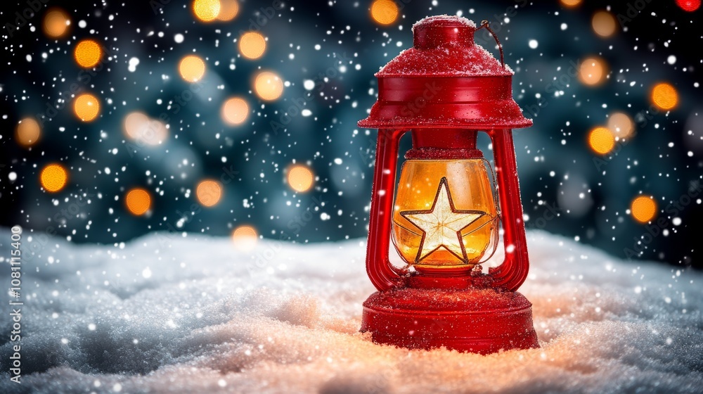 Wall mural a vibrant red lantern with a star motif, nestled in soft snow.