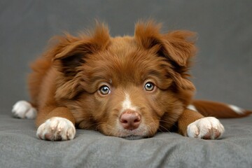 Adorable red Cobberdog puppy laying down and looking towards camera with droopy eyes.