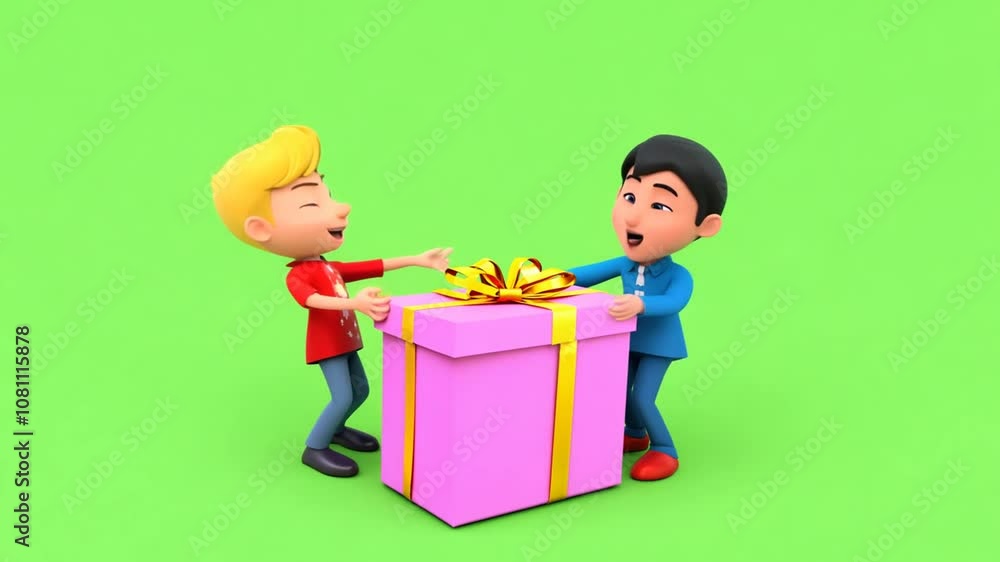 Aufkleber two animated characters unpacking a gift on a green screen backdrop generative ai