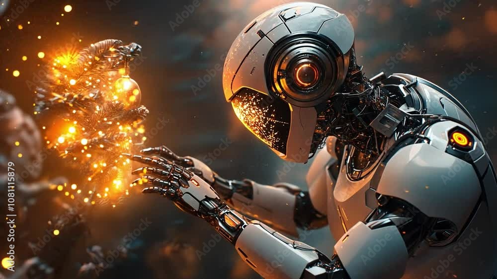 Poster a futuristic robot creating sparks in a high-tech environment at dusk with glowing particles