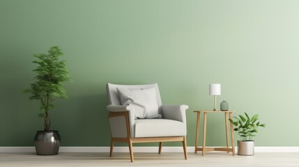 A tranquil green room with a cozy armchair, small plants, and soft lighting that invites relaxation and calmness.