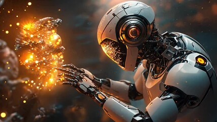 A futuristic robot creating sparks in a high-tech environment at dusk with glowing particles