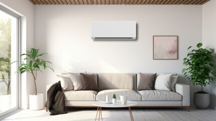 A modern living room features a sleek wall-mounted air conditioner above a stylish sofa and minimalist decor, embodying comfort and contemporary flair.