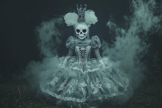Ethereal skeletal figure in elaborate costume amidst swirling mist, evoking mystery.