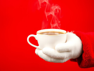 santa claus hand in a fluffy white glove holds a steaming cup of coffee against a vibrant red background during the winter holiday season