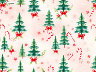 Obraz premium Festive pattern featuring Christmas trees, bows, candy canes, and snowflakes on a pink background for holiday decorations