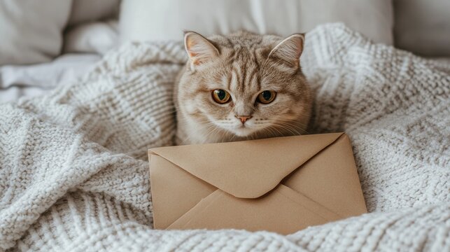 Curious Domestic Cat Peeking from Cozy Blanket with Intriguing Brown Envelope, Home Comfort - Powered by Adobe
