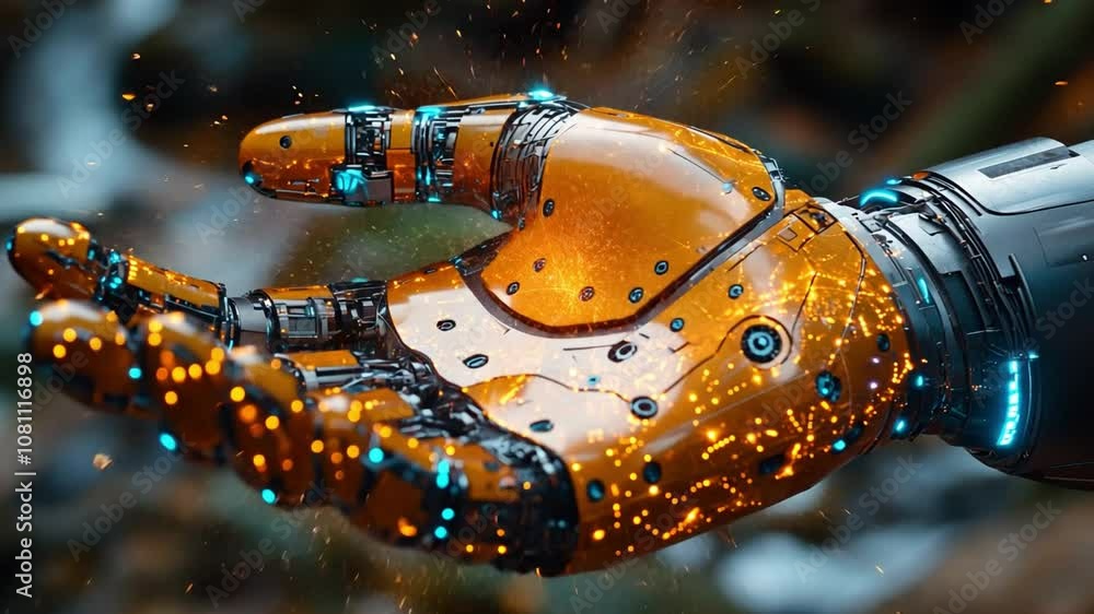Poster an advanced robotic hand displaying intricate circuitry and glowing elements in a natural setting
