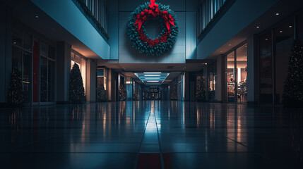 Silent mall with a huge Christmas wreath