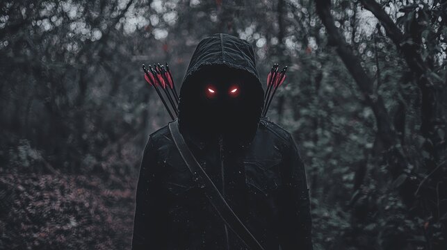 Mysterious hooded figure with glowing eyes in a dark forest, evoking intrigue and suspense.
