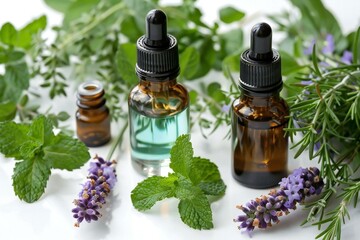  Bottles of peppermint and lavender essential oils with fresh herbs and flowers on a white background.