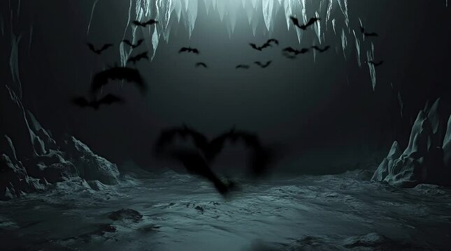 Mysterious fantasy cave with flying bats and glowing atmosphere, deep underground adventure  
Seamless looping 4k time-lapse virtual video animation Generated AI