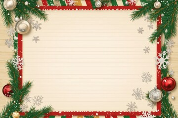 A white blank sheet of paper in the center, Christmas decorations around it on a light wooden background, with a red and green striped frame, snowflakes, stars, silver ornaments Generative AI