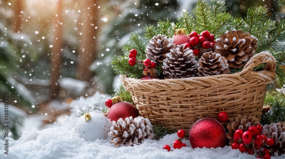 Wall mural basket filled with pine cones and festive ornaments nestled in fresh snow.