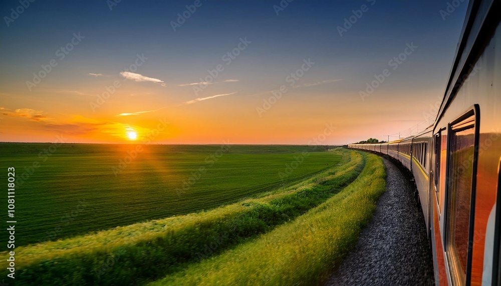 Sticker beautiful landscape with a bright orange sunset and green field outside the train window traveling by train on sunset