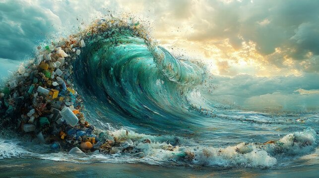 A digital painting of an ocean wave with plastic waste embedded in it, symbolizing pollution, with marine life avoiding the waste. Use shades of blue and green