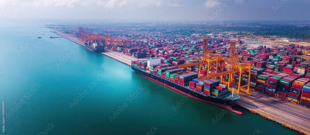 Poster aerial view of a large cargo ship docked at a busy port, with cranes loading and unloading container