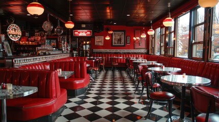 A retro diner interior with red booths, checkered floors, and vintage light fixtures.