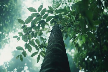Fototapeta premium A view of a tall tree with lush green leaves in a misty forest.