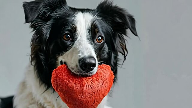 Adorable Border Collie with Heart-Shaped Red Toy in Mouth, Close-Up, Valentine's Day Themed, Playful Pet Portrait
