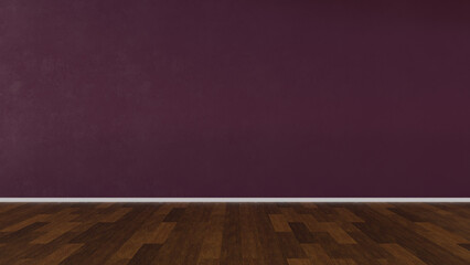 Textured purple wall with wooden floor. Minimalist and clean design, perfect for interior projects. Ideal for decoration blogs and color catalogs. 3d illustration.