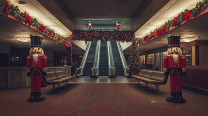 Deserted mall with festive nutcracker statues by the entrances