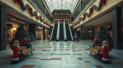 Deserted mall with festive nutcracker statues by the entrances