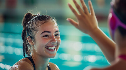 Young female swimmer celebrating with her coach after a successful training session