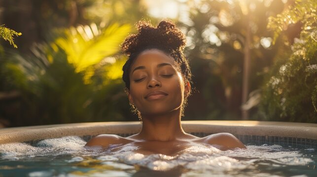 A relaxing outdoor spa session for a Black woman surrounded by nature and sunlight during a peaceful afternoon