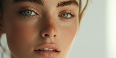 Fototapeta premium Closeup of woman's face with freckles, natural beauty, delicate features, vibrant, expressive eyes, smooth complexion, radiant glow, purity, serenity concept