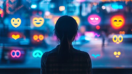 Person interacts with AI emotion recognition interface displaying joy and other facial expressions at a tech event