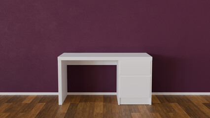 White table in a room with a purple wall. Minimalist and clean design, perfect for a home office or student bedroom. Ideal for decoration blogs and furniture catalogs. 3d illustration.