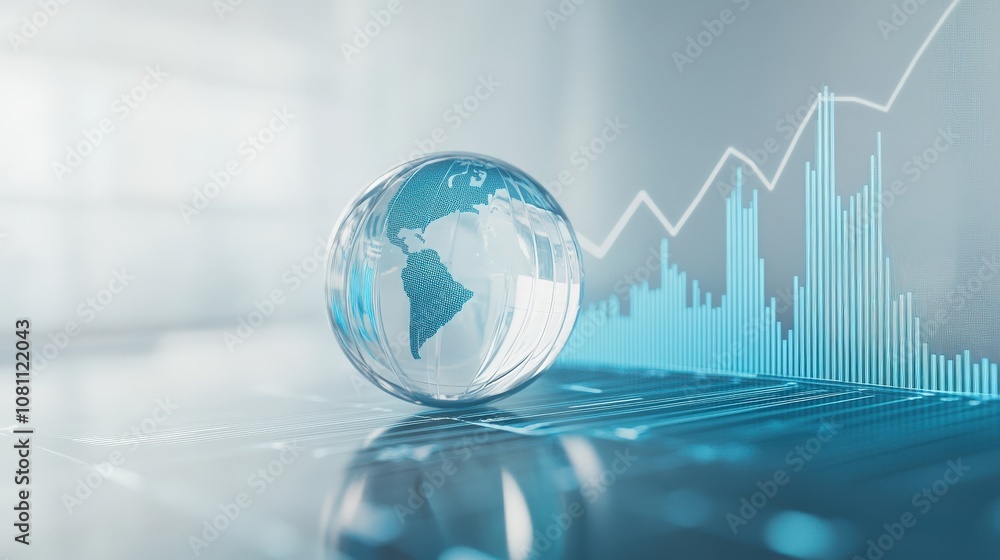 Poster glass globe with world map on a blue and white data visualization background