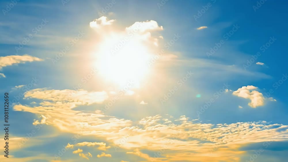 Wall mural 4k timelapse sun shining brightly cumulus clouds casting rays sunlight creating dazzling glare perfe