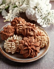 Fototapeta premium Delicious homemade delicious natural ginger cookies close-up handmade flowers for tea guests chocolate color on a plate