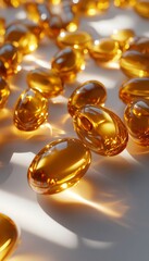 Golden Liquid Vitamins Close-Up Detail with Soft Shadows and Wellness Theme in Backdrop