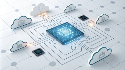 A futuristic cloud network with digital circuit lines reconnecting to a central AI core, shown on a white background, symbolizing the reboot and realignment of AI in cloud technology.