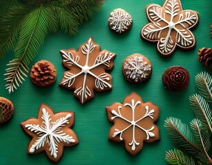 Fototapeta premium festive gingerbread cookies decorated with icing snowflakes on a green table surrounded by pine cones and miniature christmas trees