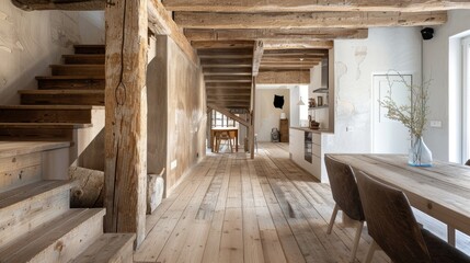 In a designer dining room, a magnificent renovated staircase in raw wood.
