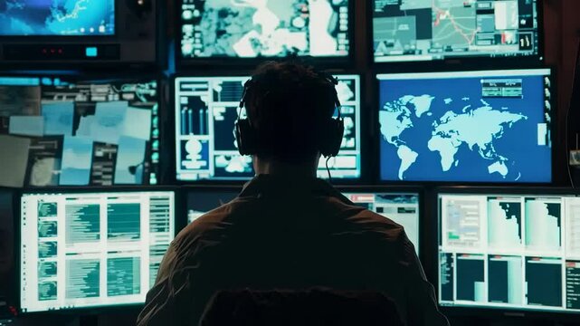 A dedicated technician navigates multiple screens filled with dynamic data in a bustling control room. The atmosphere is charged with the urgency of real-time analysis and critical decisions.