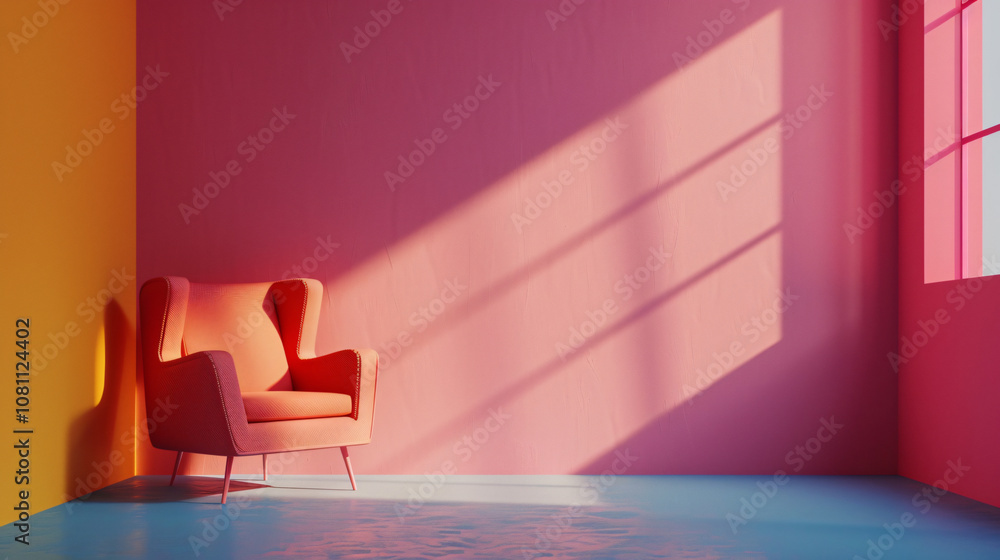 Poster sunlight illuminating colorful minimalist room with orange armchair, creating a vibrant and modern a