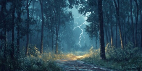 Obraz premium A Dramatic Lightning Strike Illuminates a Serene Forest Path During a Stormy Twilight, Capturing Nature's Beauty and Power in an Enchanting Scene