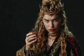 Fototapeta premium Portrait of plus sized blonde queen in medieval gown with wine cup.