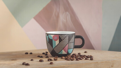 Steaming Coffee in Bold Geometric Mug with Scattered Coffee Beans on Wooden Surface