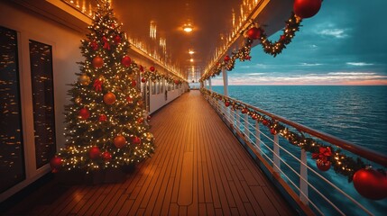 Celebrating Christmas or New Year on board a cruise ship. The deck is adorned with a massive Christmas tree and presents.