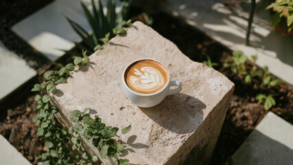 Outdoor Latte Art Moment – Creamy Coffee with Leaf Design on Natural Stone Surface