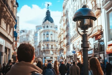 Obraz premium Urban street view with pedestrians and historic architecture