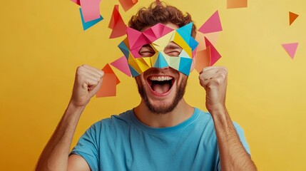 A cheerful man with a colorful, geometric mask is a fun, creative idea for advertising.  He could be using origami paper to make the mask, and striking playful poses.