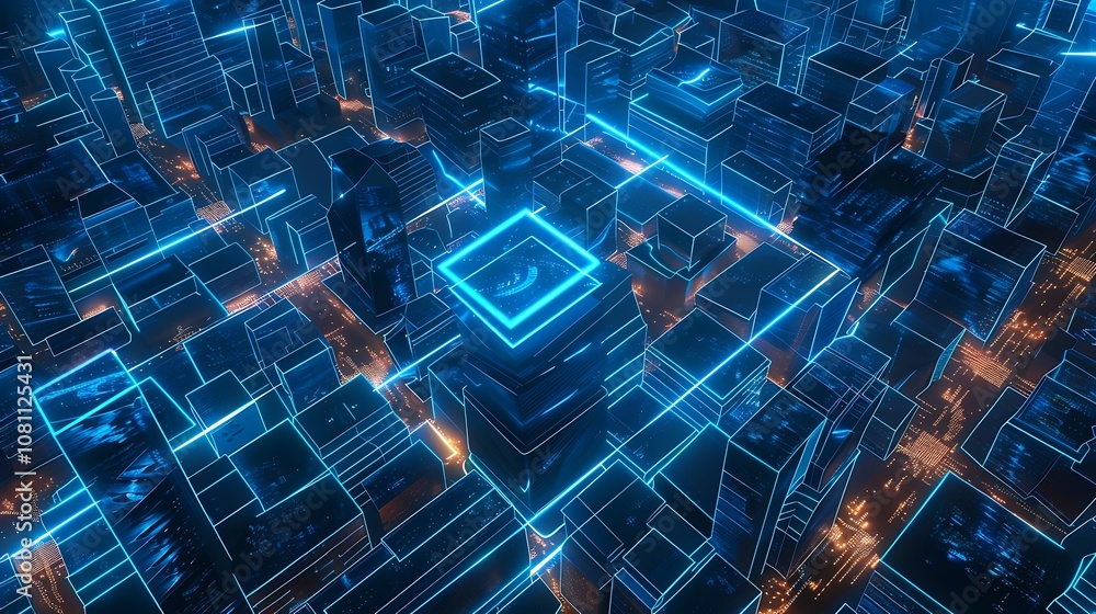 Poster futuristic city with glowing neon squares. 3d rendering